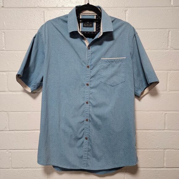 Craft Flow Short Sleeve Button Up Shirt Light Blue with Tan Dots Size L - Picture 2 of 11